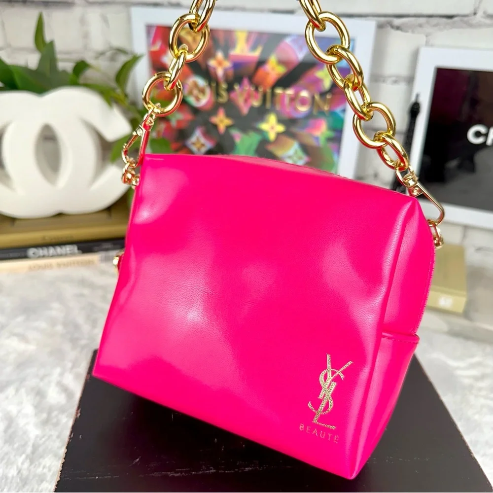 YSL Yves Saint Laurent Hot Pink faux leathe Beauty Pouch Wristlet bag wi… - Picture 2 of 10